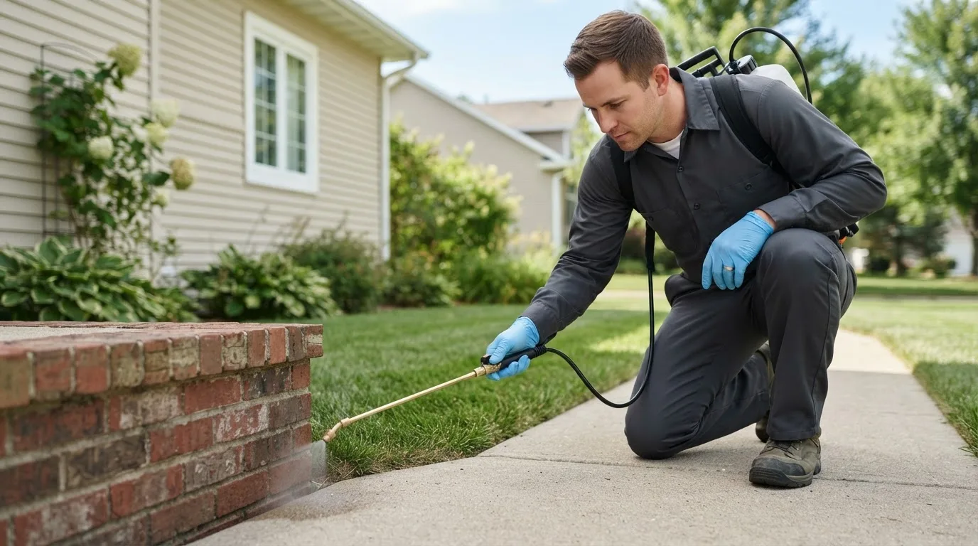 Pest control technician treating a home near Puposky, MN