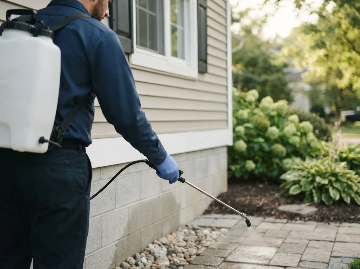 Pest control technician inspecting a home in Puposky, MN